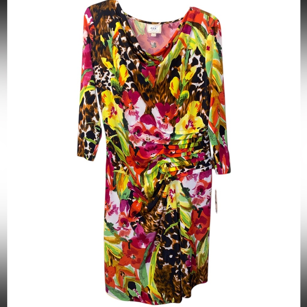 NEW! ECI Colorful Floral and Animal Print Faux Wrap Midi Dress NWT - Size L - Picture 2 of 15